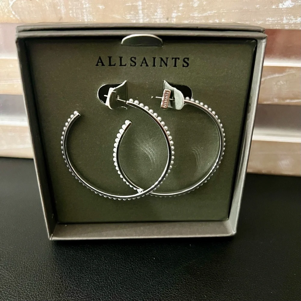 ALLSAINTS Rhodium Faux Pearl Hoop Earrings - Picture 3 of 8